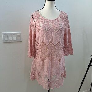 Celesta Boho Lace Crochet Pink Tunic Top size S Women Coastal Cowgirl Beach